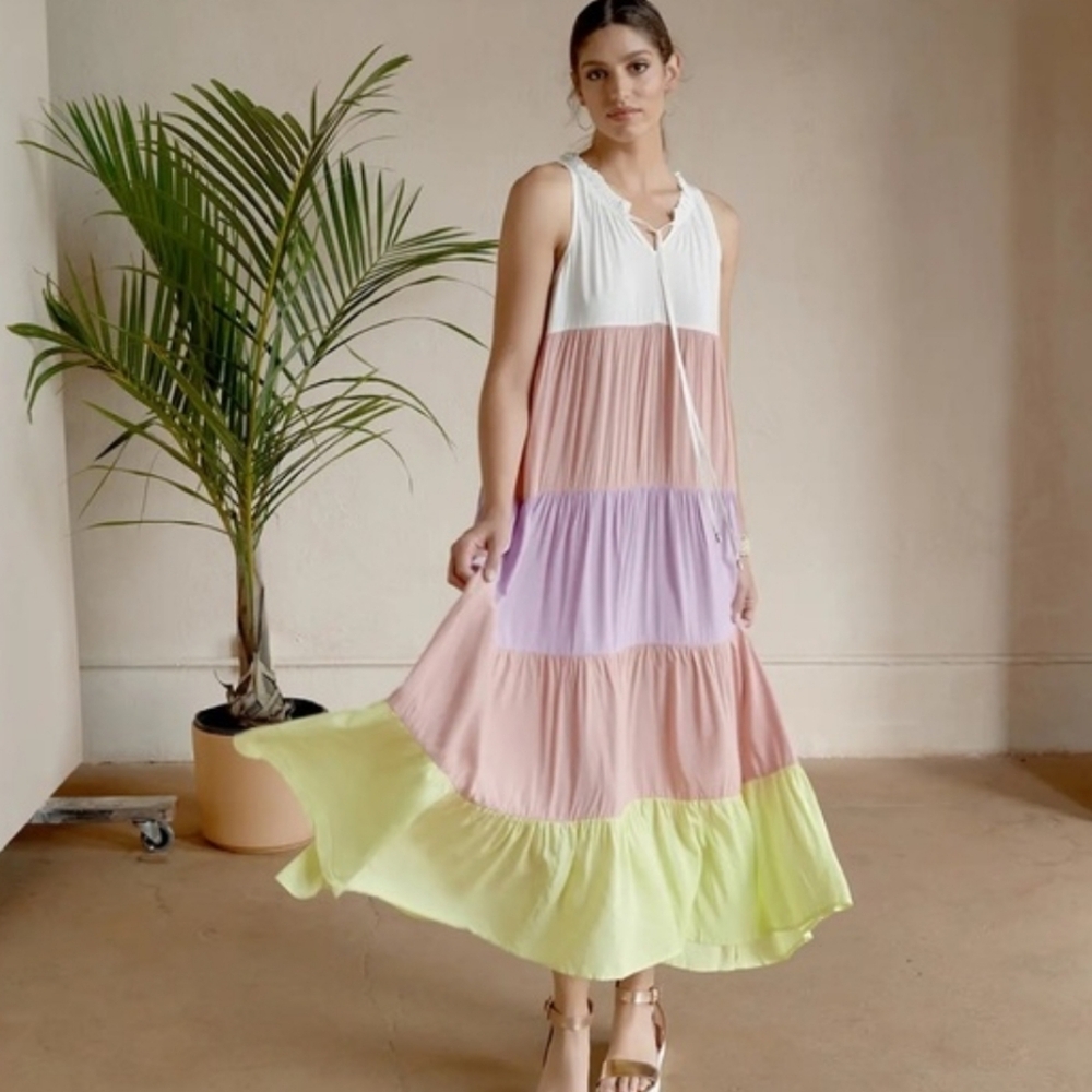 Coco + Carmen Pastel Colorblock Tiered Maxi Dress Boho Cottagecore Spring Easter